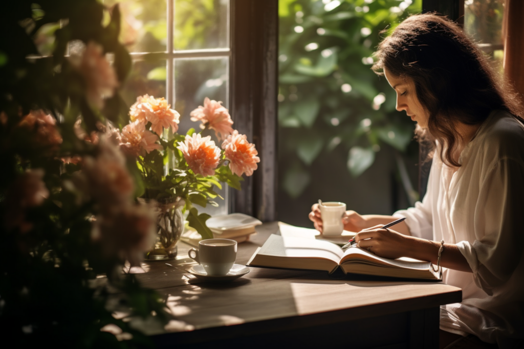 Woman in front of window and flowers writing in a journal drinking coffee.